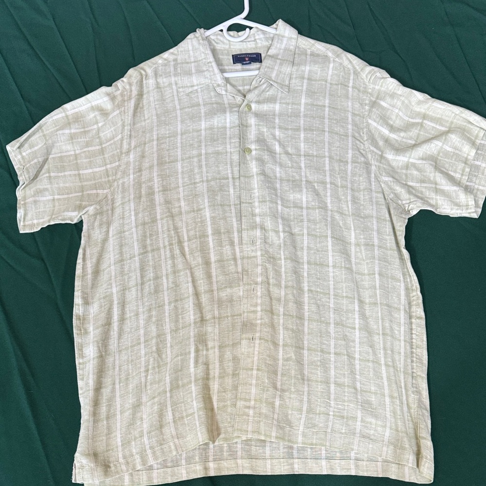 Saddlebred Men’s Linen Blend Shirt XXL Green Plaid Short Sleeve Button Down